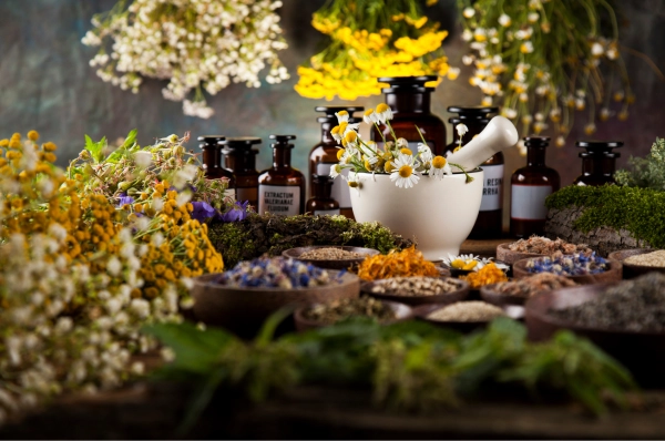 Plantes et flacons médicinaux.